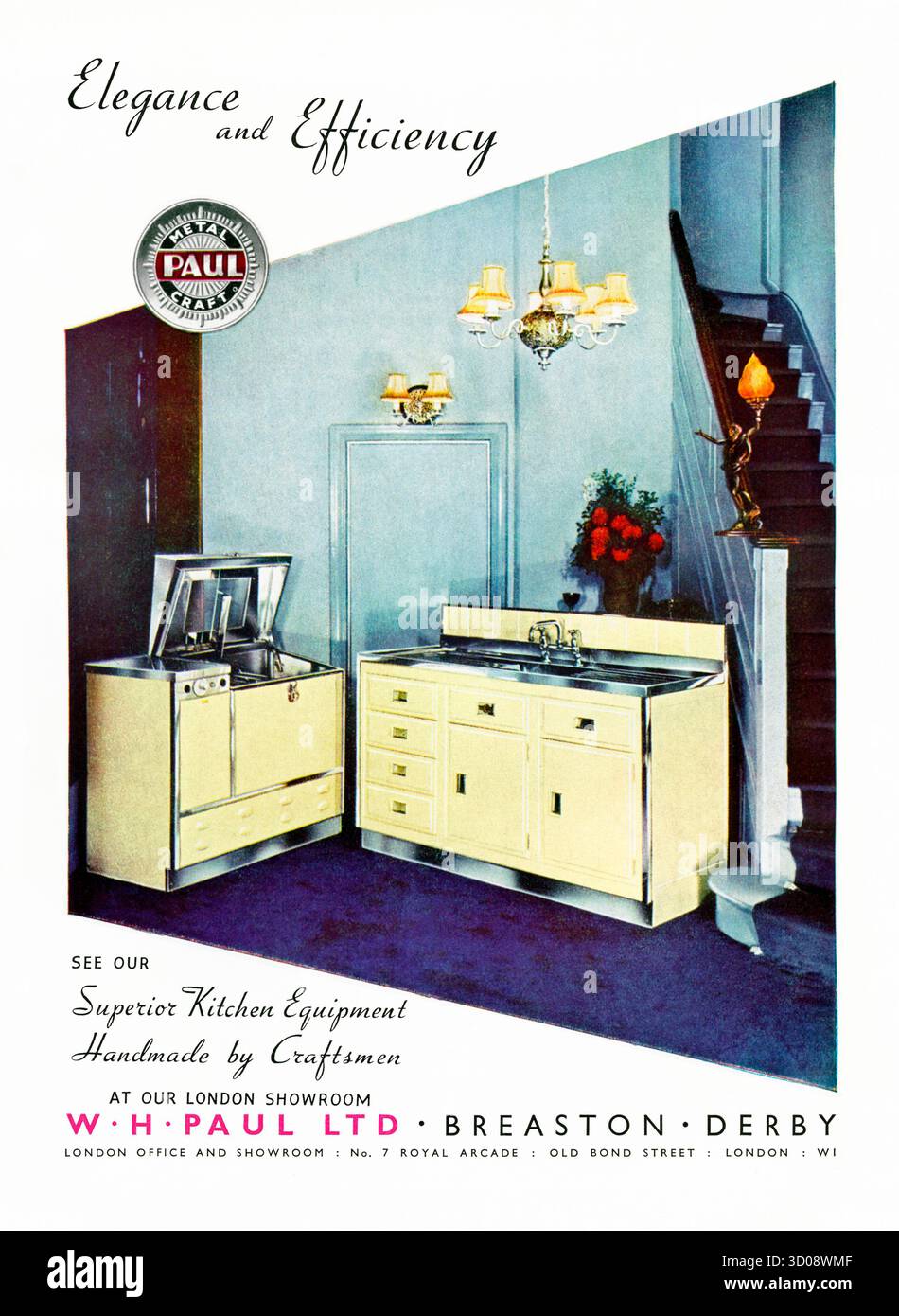 Eine Anzeige für Kücheneinheiten aus dem Jahr 1951 von W H Paul aus Breaston, Derby, England, Großbritannien. Dieses erschien in einem Design-Magazin anlässlich der Feierlichkeiten zum Festival of Britain in Großbritannien im selben Jahr. Das Foto zeigt eine frühe Edelstahl-Spülmaschine und Waschbecken in der Lage unten an einigen Treppen! W H Paul wurde 1937 von Billy (William Henry) Paul gegründet und begann mit der Metallherstellung für Rolls-Royce. Die Herstellung von Küchenmöbeln begann 1946 – Vintage-Grafiken aus den 1950er Jahren. Stockfoto
