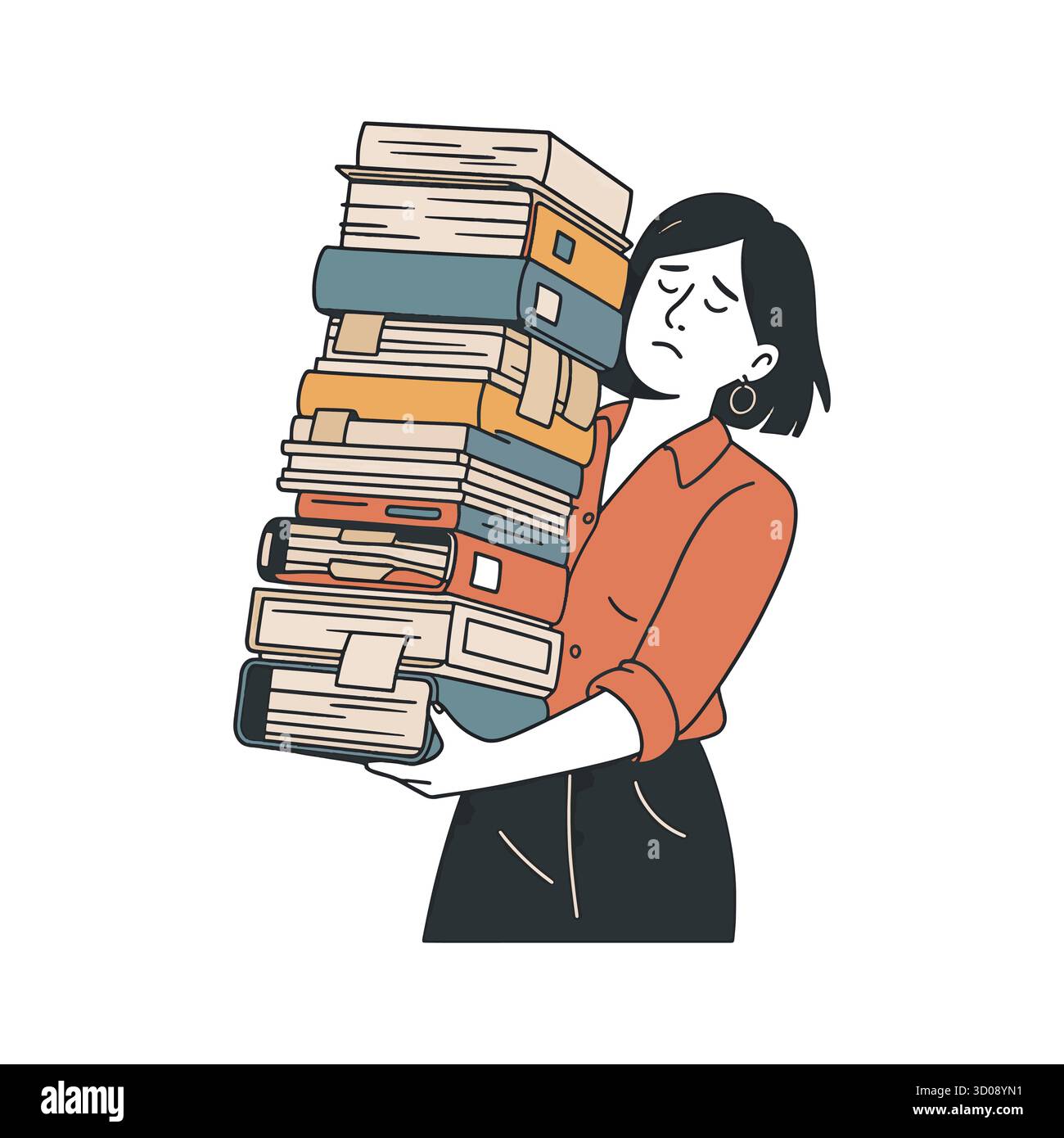 Eine Frau, die einen großen Stapel Bücher trägt, sieht überfordert und gestresst aus Stock Vektor