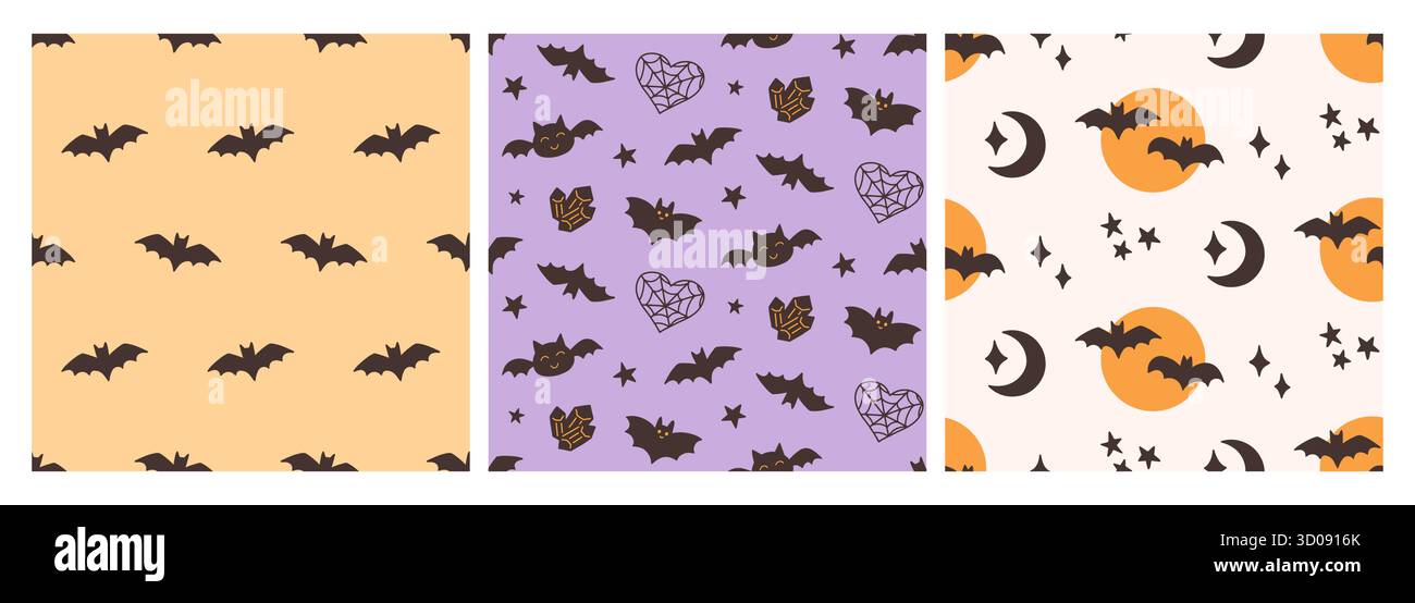 Niedliche Halloween Fledermäuse Vektor Nahtlose Muster Set Stock Vektor