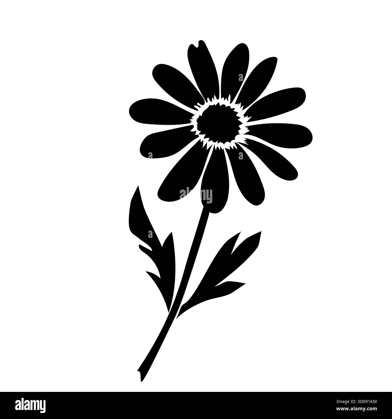 Vektor-Illustration einer schwarzen Silhouette einer Kamillenblüte mit Stiel und Blättern auf einem weißen Hintergrund, ideal für Design, Dekoration oder Verpackung. Stock Vektor