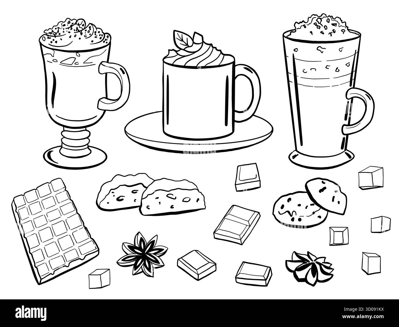 Weihnachtliches Pfefferminz-Mokka-Getränk, Schokolade, Kekse. Saisonale Winter-Leckereien, handgezeichnete Doodle Vektor-Illustration. Getränke in Gläsern und Tassen. Stock Vektor