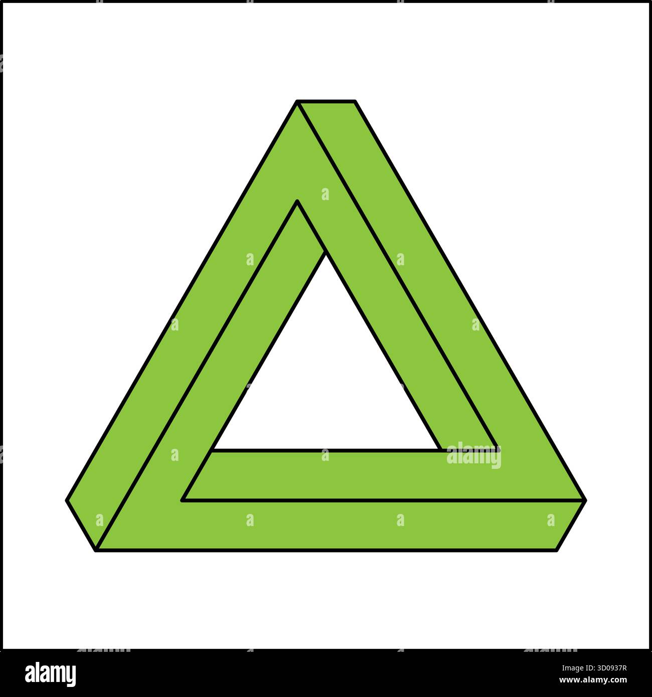 Dieses Design zeigt ein Penrose-Dreieck, eine optische Illusion, die als unmögliches Objekt erscheint. Das leuchtend grüne Dreieck sorgt mit seinem dreidimensionalen Look für einen auffälligen visuellen Effekt. Stock Vektor