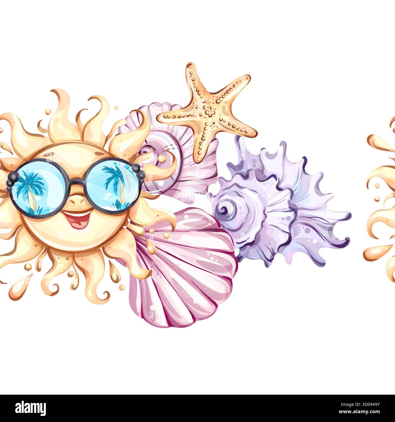 Hintergrundtapete mit nahtlosem Muster und Sommeratmosphäre mit Sonnenschein, Muscheln und Seesternen für fröhliche Strandurlaube und festliche Anlässe Stock Vektor Hintergrundtapete mit nahtlosem Muster und Sommeratmosphäre mit Sonnenschein, Muscheln und Seesternen für fröhliche Strandurlaube und festliche Anlässe Stock Vektor