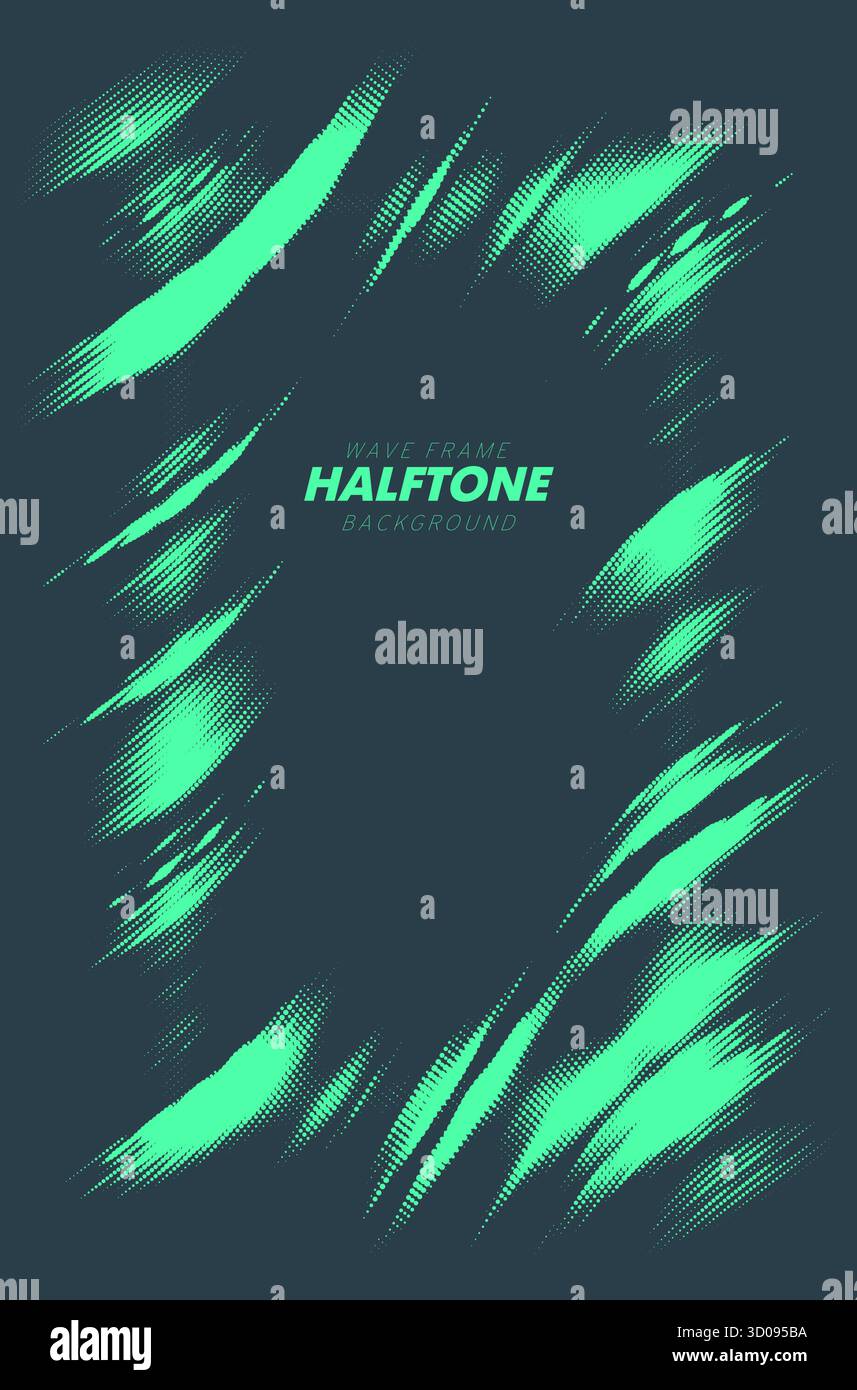 Abstrakter Vektor gerissener Halbtonfluide wellenförmiger Rechteckrahmen. Zerkratzter gepunkteter dynamischer Pop-Art-Rahmen. Stock Vektor