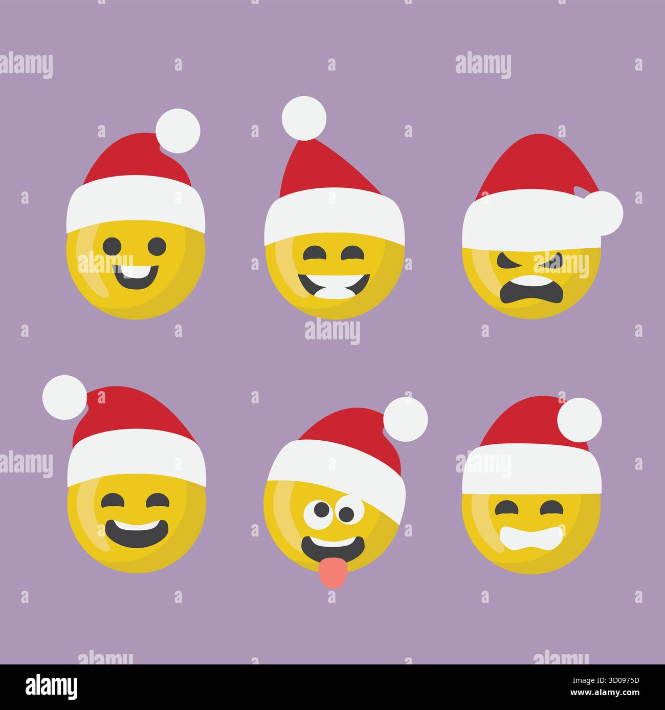 Eine Sammlung von Emoticons für Weihnachten und Neujahr. Setzen Sie das Smiley Emoji Symbol mit einem roten Weihnachtsmütze. Realistische Emotionen in Hochglanzgelb Stock Vektor