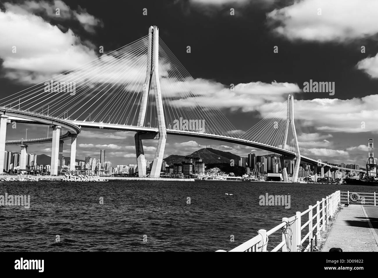 Die Cable-Brückenbrücke dominiert das Stadtbild von Busan und den Hafen in Schwarz-weiß Stockfoto