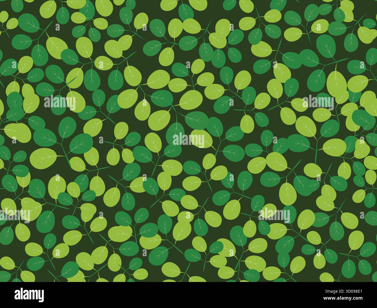 Ein nahtloses Muster aus zarten grünen Erbsenblättern auf dunkelgrünem Hintergrund, geeignet für Tapeten, Textildrucke, Geschenkpapier und andere d Stock Vektor
