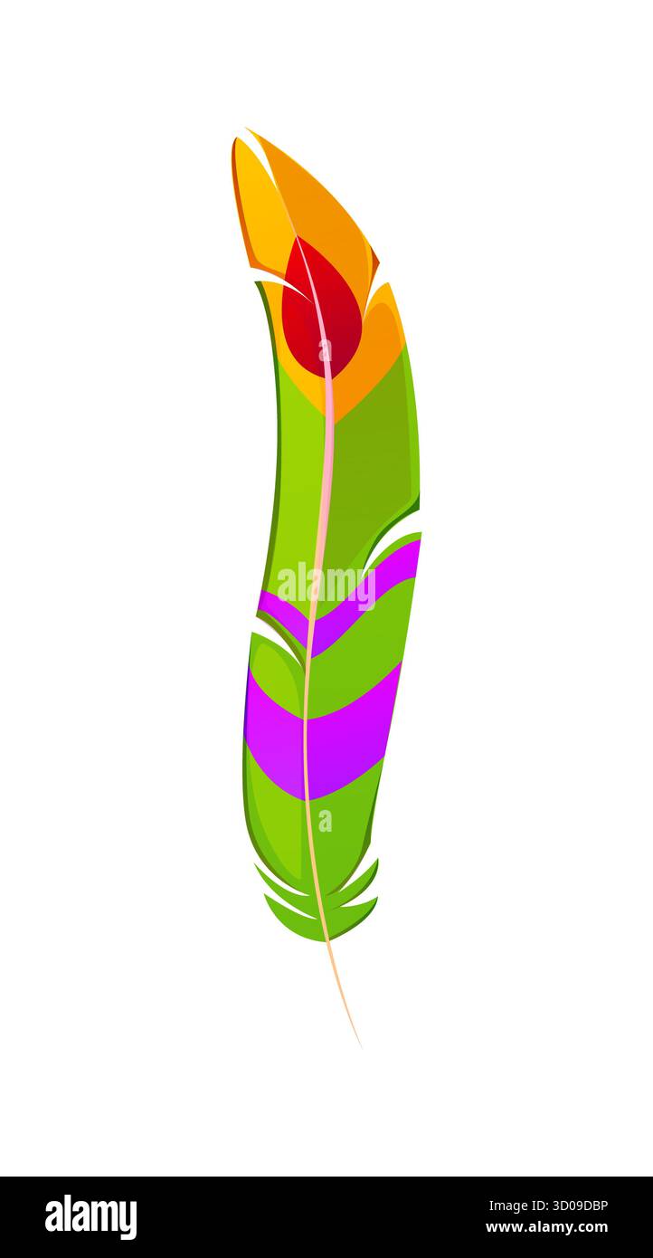 Barranquilla kolumbianischer Karnevalsvogel farbenfrohe Feder. Kolumbianische ethnische Karnevalszubehör, karibisches Volksfest isoliert kolumbianische Barranquilla Feier Papageienfeder Stock Vektor