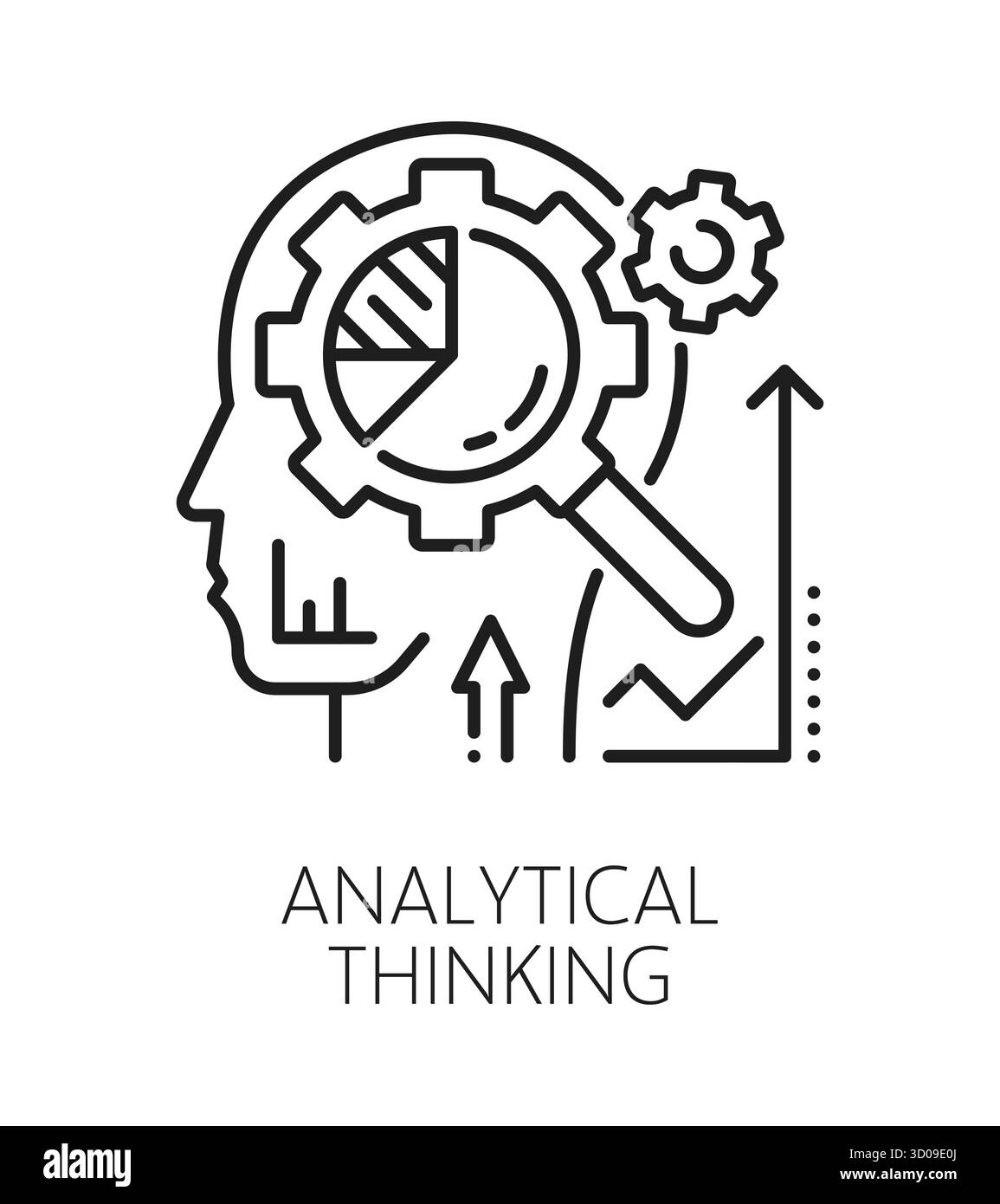 Symbol oder Piktogramm für die Linie „Analytical Thinking Life Skills“. Menschen analytisches Denken Fähigkeit lineares Vektorzeichen, Persönlichkeit Lebensfähigkeiten Umrisssymbol. Piktogramm in persönlicher Qualität mit Kopfsilhouette Stock Vektor