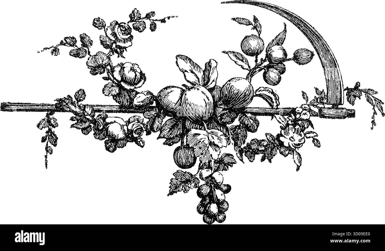 Vintage Blumenhalter (CUL-de-lampe) bestehend aus einer Sense, umgeben von Blumen und Früchten. Es ist ein kleines, rein dekoratives Ornament Stock Vektor