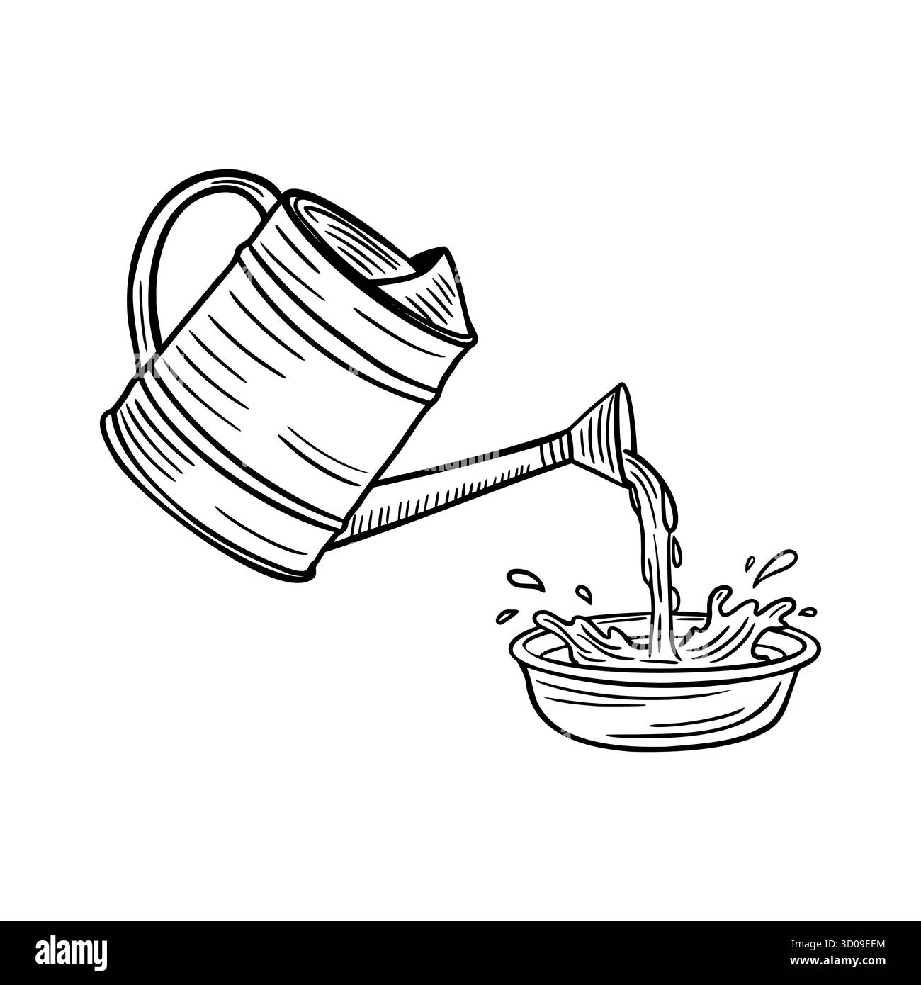 Eine handgezogene Gießkanne gießt Wasser in eine Schüssel. Die Szene erfasst die Aktion, die beim Bewässern von Pflanzen oder beim Füllen eines Behälters mit Flüssigkeit geschieht. Stock Vektor