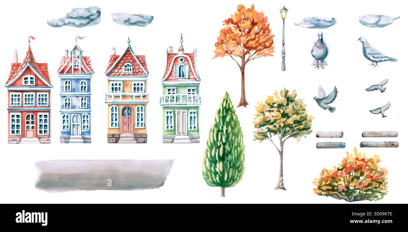 Eine Reihe von Elementen zum Thema Herbststadt. Isolierte Aquarellbilder von Häusern, Bäumen und Vögeln sind perfekt für Reisebroschüren und Restaurants Stockfoto