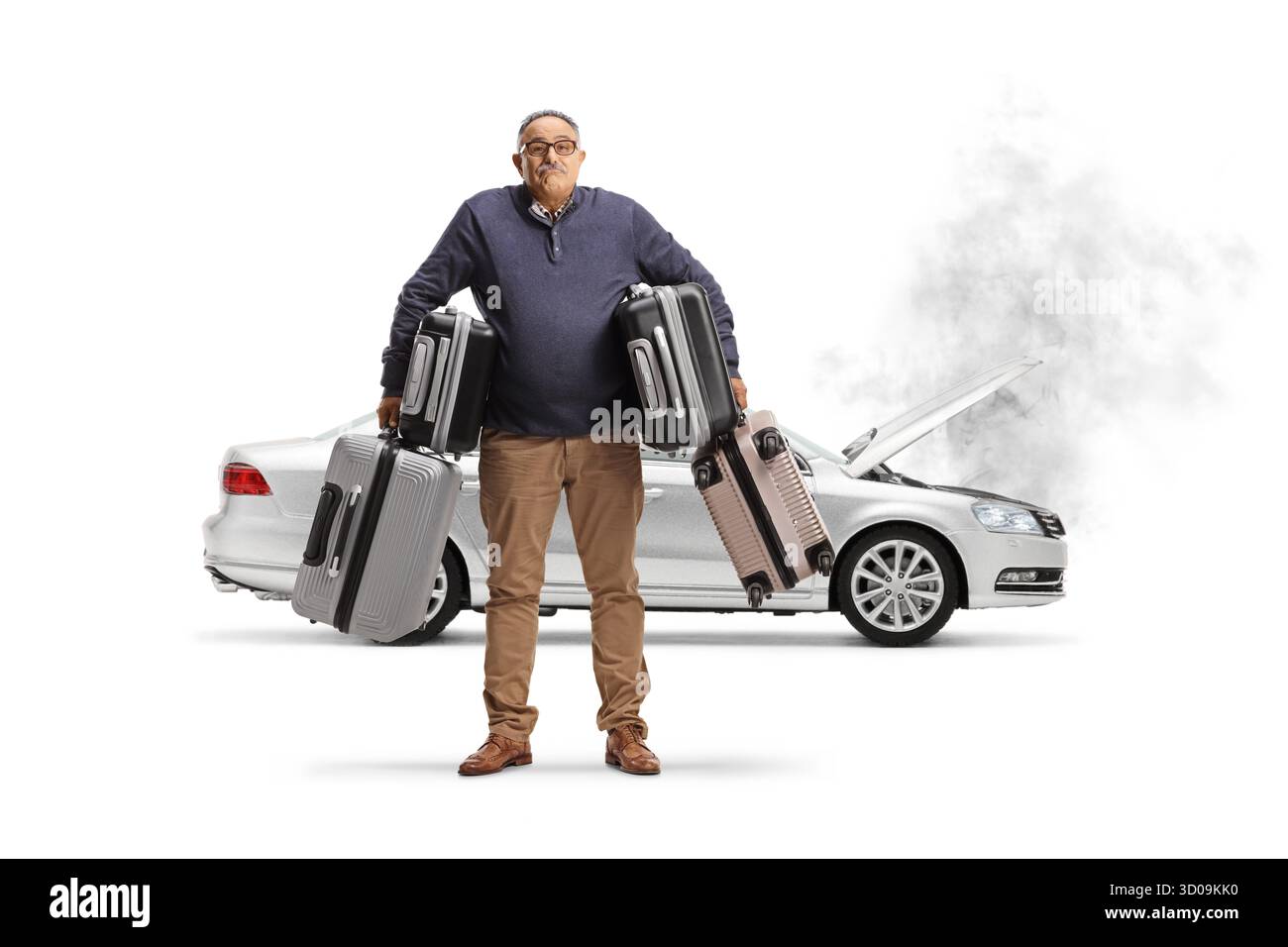 Mann mit einer Panne, die Koffer isoliert auf weißem Hintergrund trägt Stockfoto