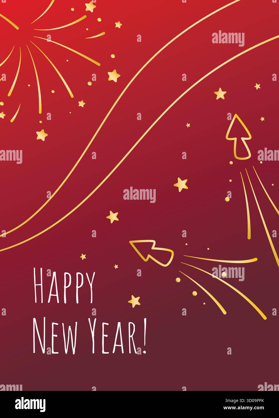 Glückwunschkarte für das neue Jahr. Roter Hintergrund mit goldenem Feuerwerk, Funken, Sternen und Glückwunschtext. Vektorgrafiken Stock Vektor