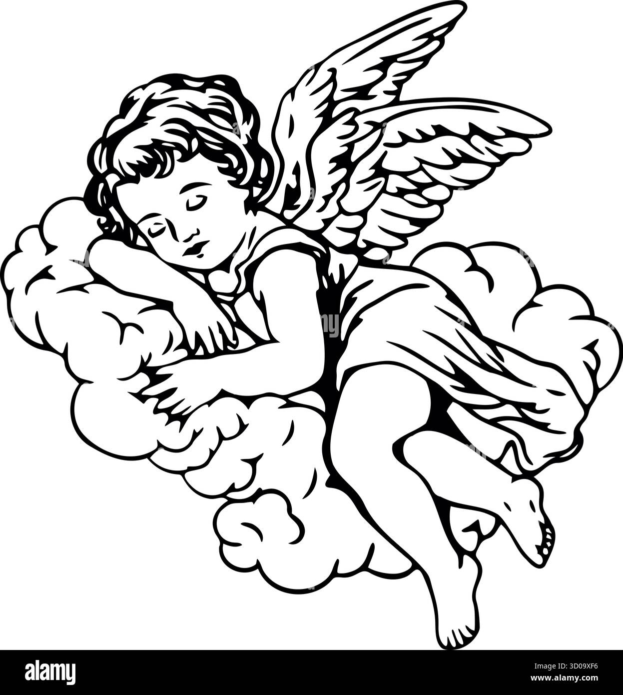 Schwarz-weiße Vektor-Illustration eines süßen Engelskerub-Baby-Kindes, das auf einer Wolke schläft Stock Vektor
