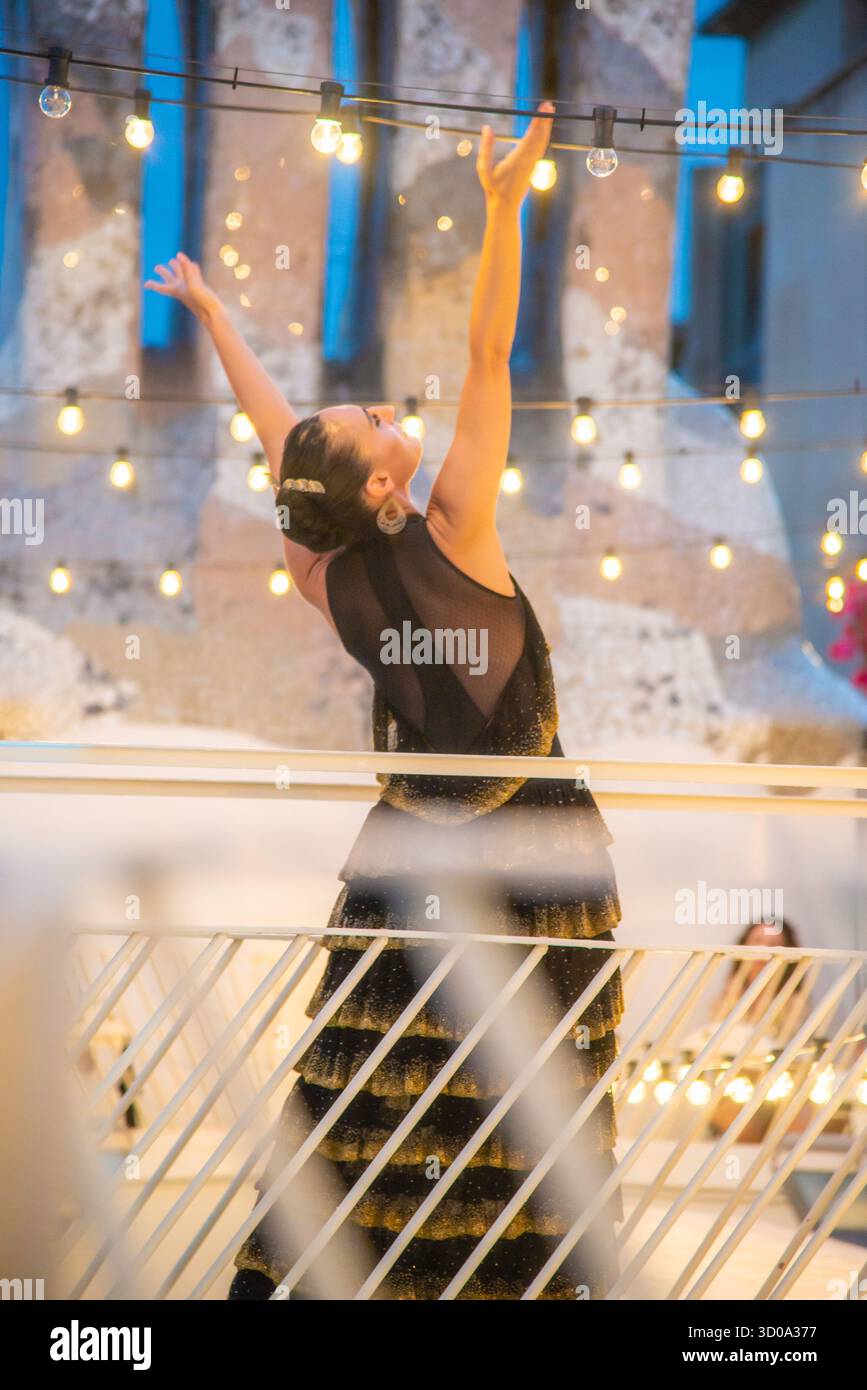 Barcelone, Spanien - 13. Juli 2025: Flamenco-Tänzer treten am Abend von Bacelone Spain auf dem Dach der Casa Mila auf Stockfoto