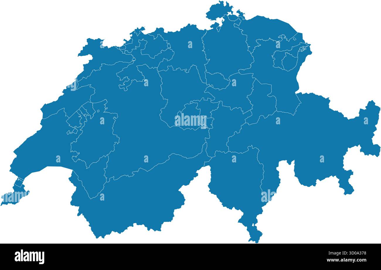 Editierbare Vektor-Silhouettenkarte der Schweiz und ihrer Kantone (Provinzen), die die unregelmäßigen Grenzen des Landes zeigt. Stock Vektor