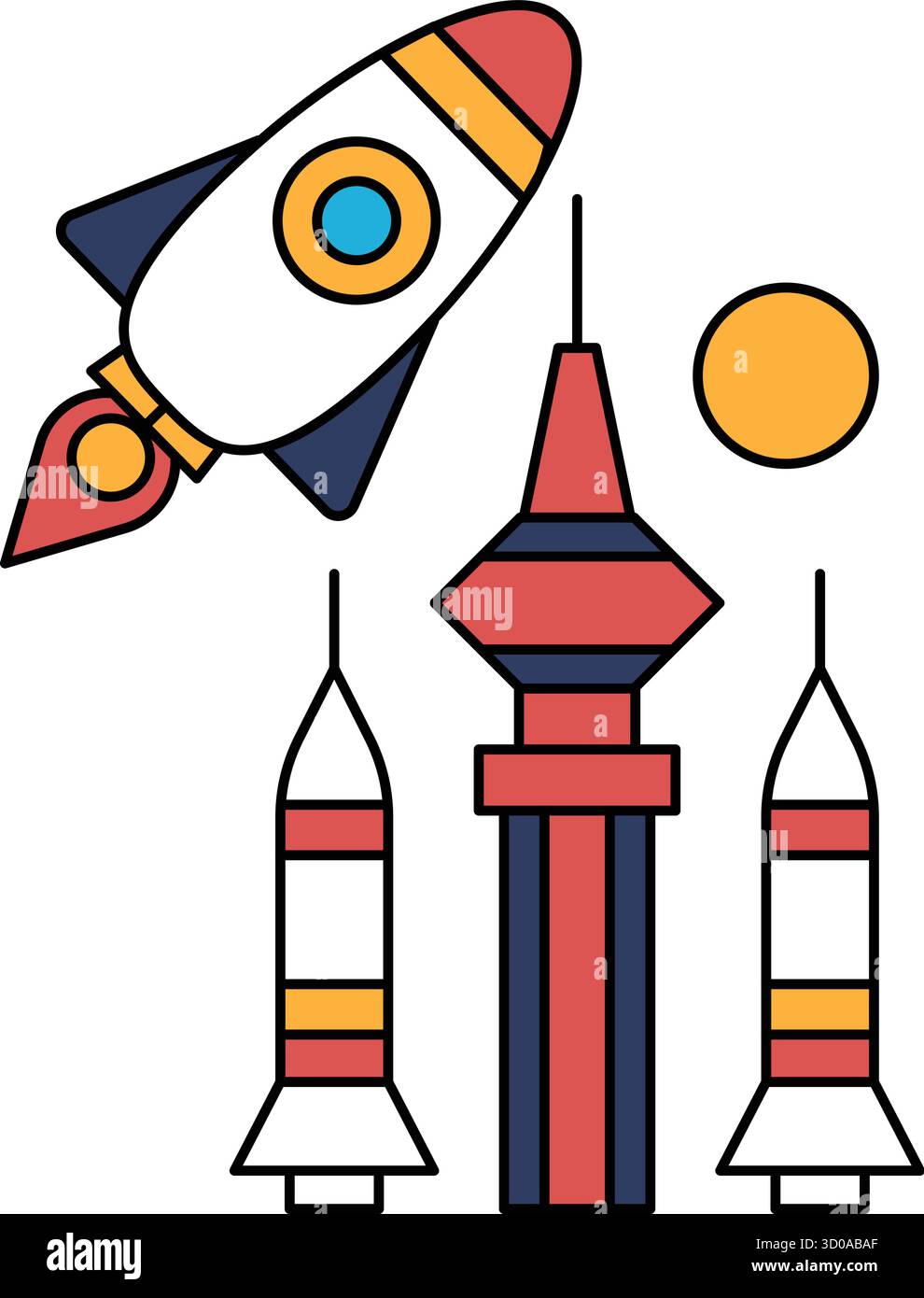 Eine Rakete fliegt durch den Raum und ist von drei hohen Gebäuden umgeben. Die Rakete ist der Hauptfokus des Bildes, aber die Gebäude fügen Tiefe und hinzu Stock Vektor