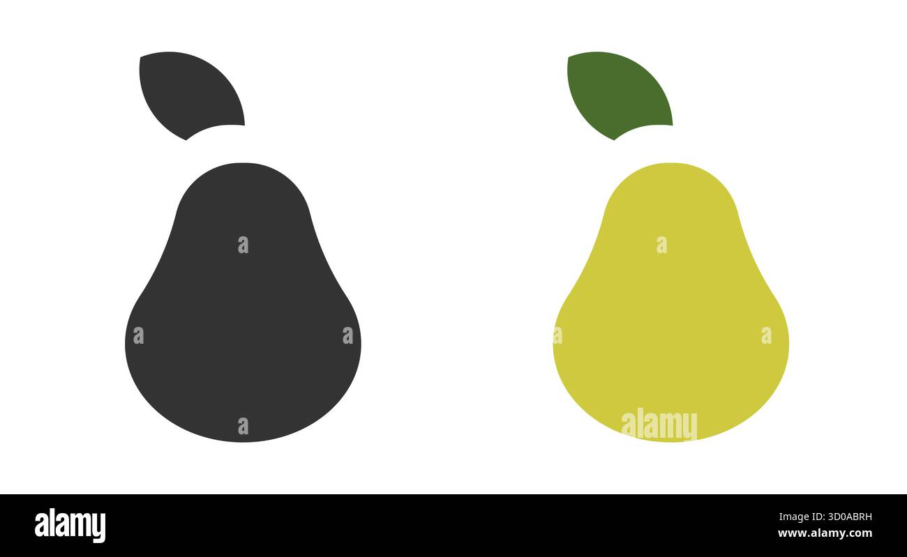 Diese Abbildung zeigt zwei minimalistische Linien-Symbole von Birnen, eines in Schwarz und das andere in Gelb. Jede Birne ist einfach mit einem Blatt gestaltet, perfekt für Grafiken oder Designs mit Fruchtmotiven. Stock Vektor Diese Abbildung zeigt zwei minimalistische Linien-Symbole von Birnen, eines in Schwarz und das andere in Gelb. Jede Birne ist einfach mit einem Blatt gestaltet, perfekt für Grafiken oder Designs mit Fruchtmotiven. Stock Vektor