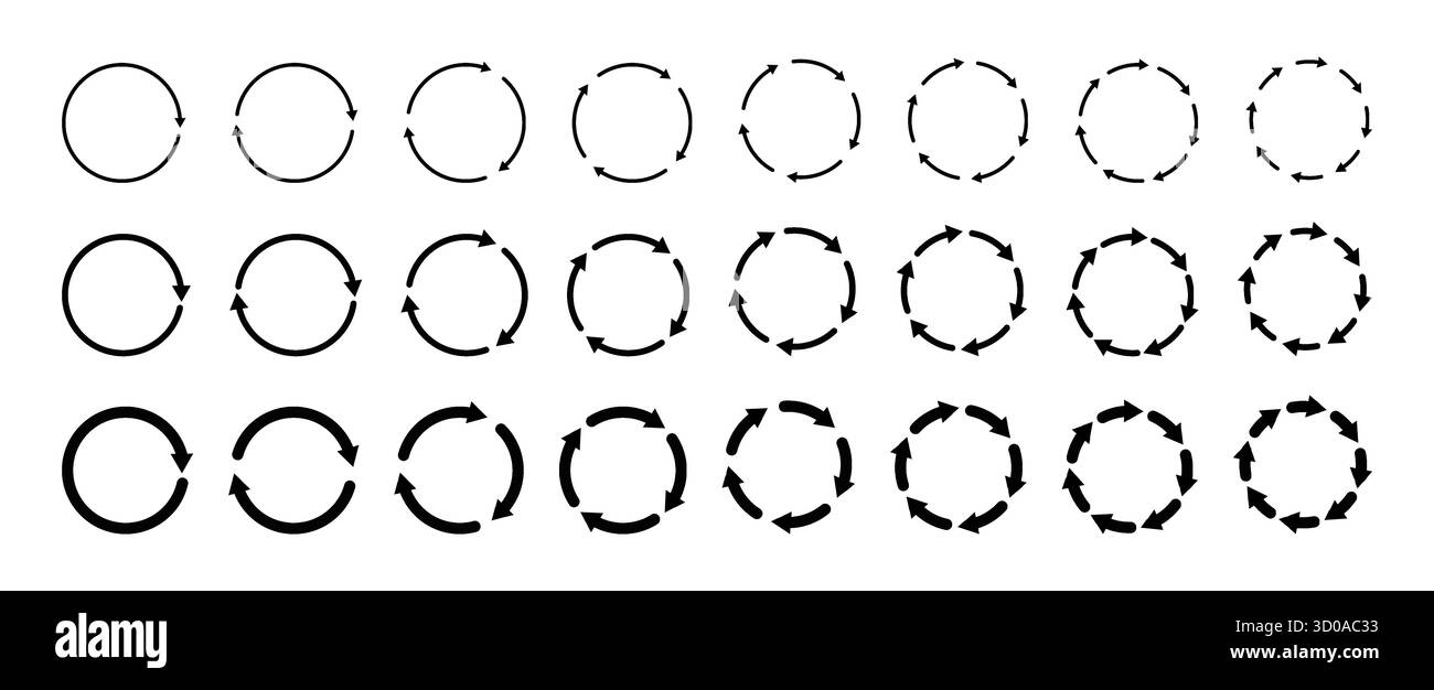 Kreispfeile drehen Sammlung auf weißem Hintergrund. Sammlung von Vorzeichen für die Schleifenrotation aktualisieren, neu laden, wiederverwenden. Schwarze Kreispfeile für Infografiken Stock Vektor