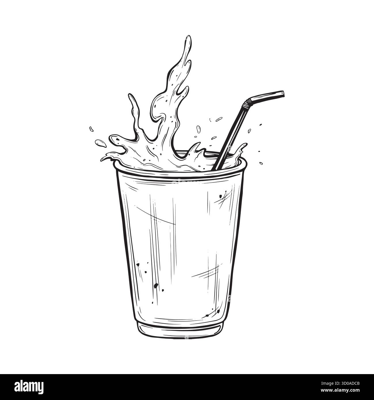 Skizze eines Glases Limonade oder Mineralwasser. Hand gezeichnete Tinte Vektor-Illustration von Glas mit einem Strohhalm und Spritzern des Getränks. Lineare Grafikelemente Stock Vektor