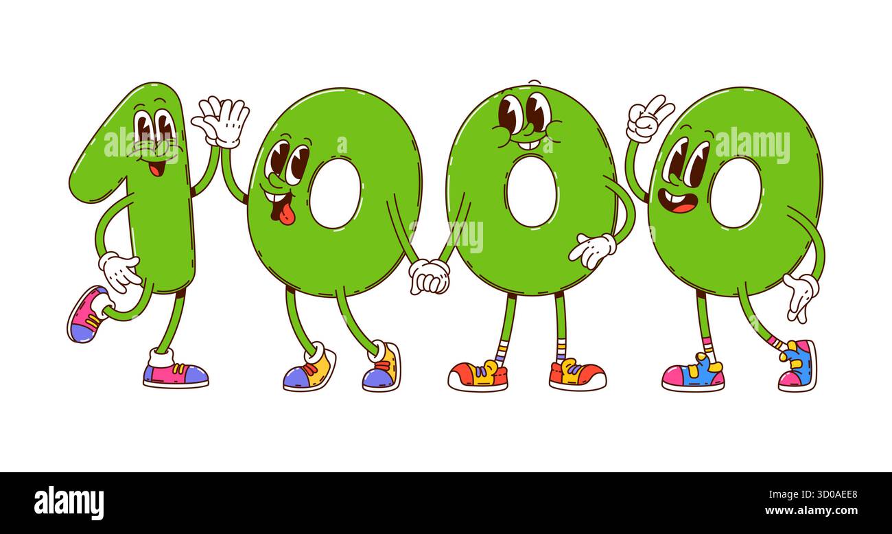 Cartoon groovige Mathe Zahlen Zeichen für Schulpädagogik Persönlichkeiten, Vektor lustige Tausend. Groovige Zahl 1 eins mit 0 Null Zahlen mit albernen Gesichtern für Kinder Schule Mathematik oder Algebra Stock Vektor