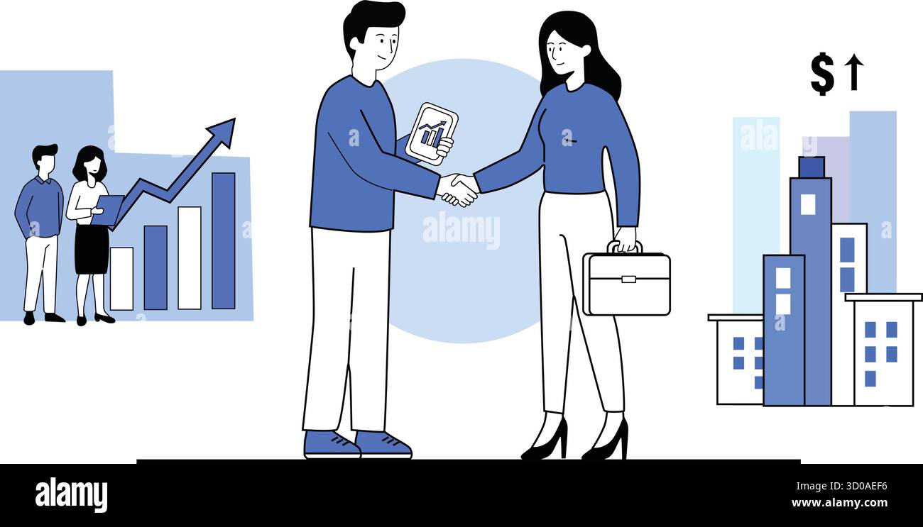 Zwei Geschäftsleute schütteln die Hand und symbolisieren Partnerschaft, Teamarbeit und Erfolg. Die Vektorgrafik stellt das Finanzwachstum dar Stock Vektor