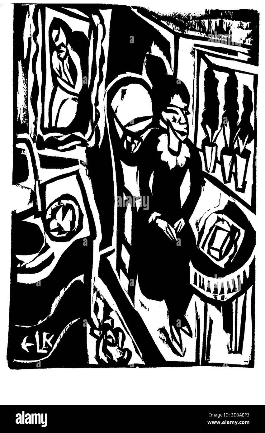 Canoness at the Sewing Table von Ernst Ludwig Kirchner, deutsch-expressionistische Malerei, Modernistische Innenszene des frühen 20. Jahrhunderts, Public Domain Artwo Stockfoto