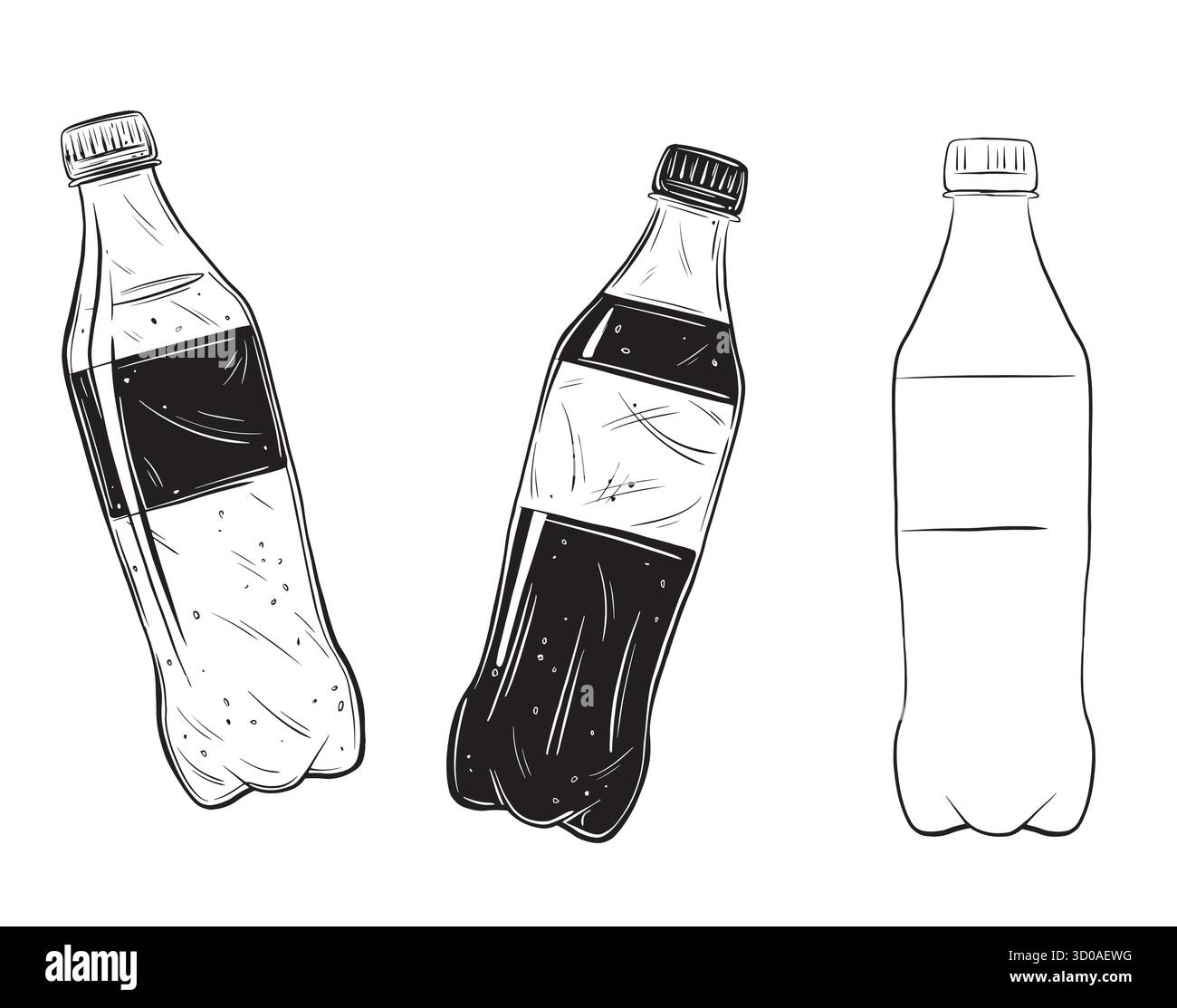 Skizze einer Flasche Limonade oder Mineralwasser. Hand gezeichnete Set Tinte Vektor Illustration der Limonade. Lineare grafische Elemente sorgen für ein isoliertes Design Stock Vektor