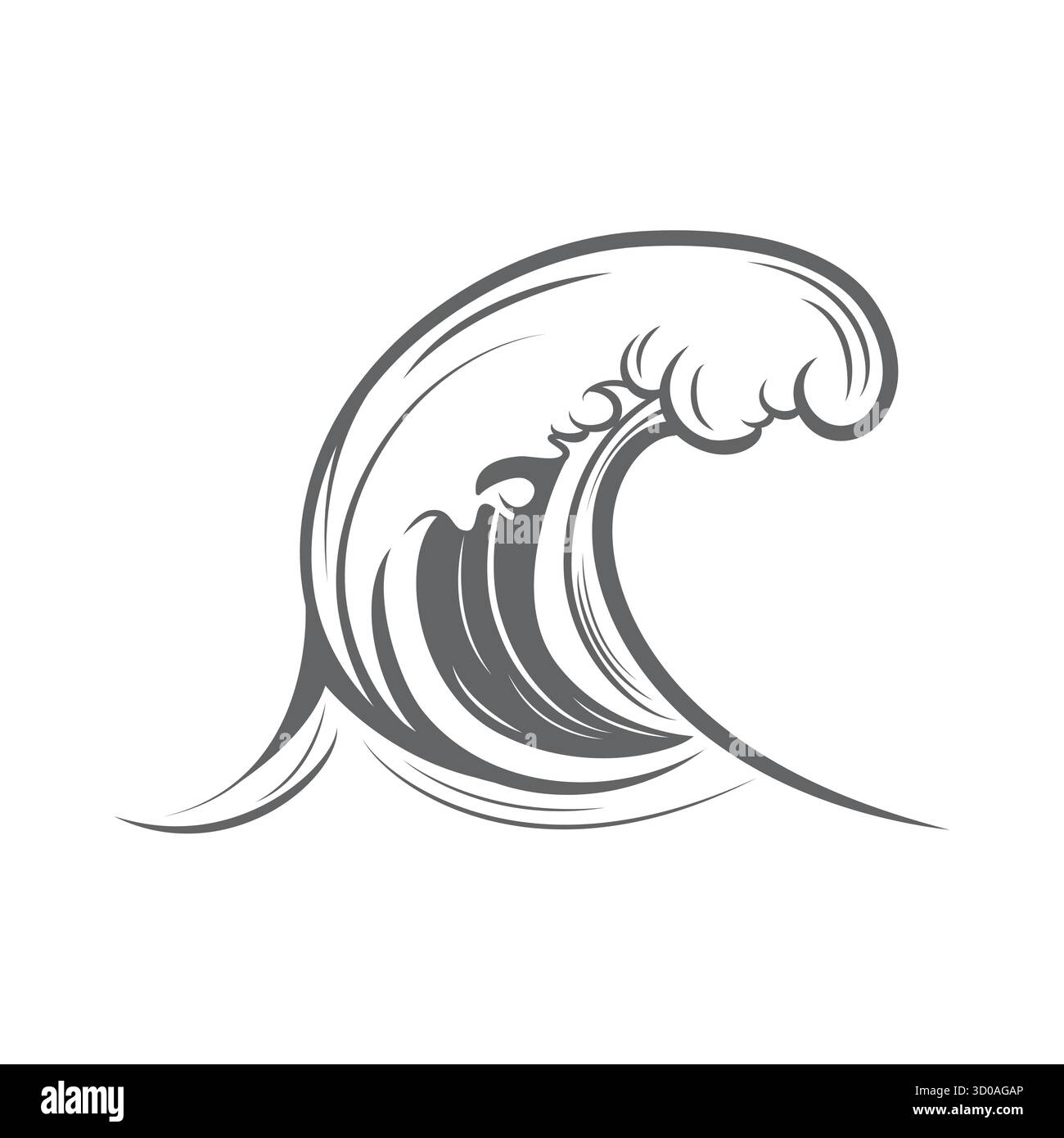 Ocean Wave Line Art, Vektor-Illustration. Curling Wave Drawing, Wave Tattoo Motiv. Sea Surf Emblem für Strand Logo, Surf Shop, nautische Dekor, Aufkleber Stock Vektor