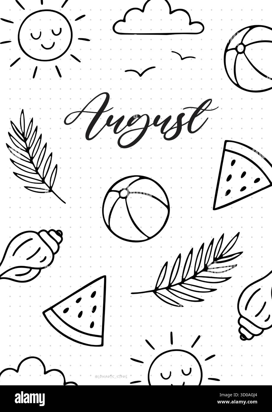 august Monat Deckblatt Bullet Journal druckbare Planer Seitenvorlage, Vektor-Illustration, A4 und A5 Formate, handgezeichnet Doodle Style. Planerseiten b Stock Vektor