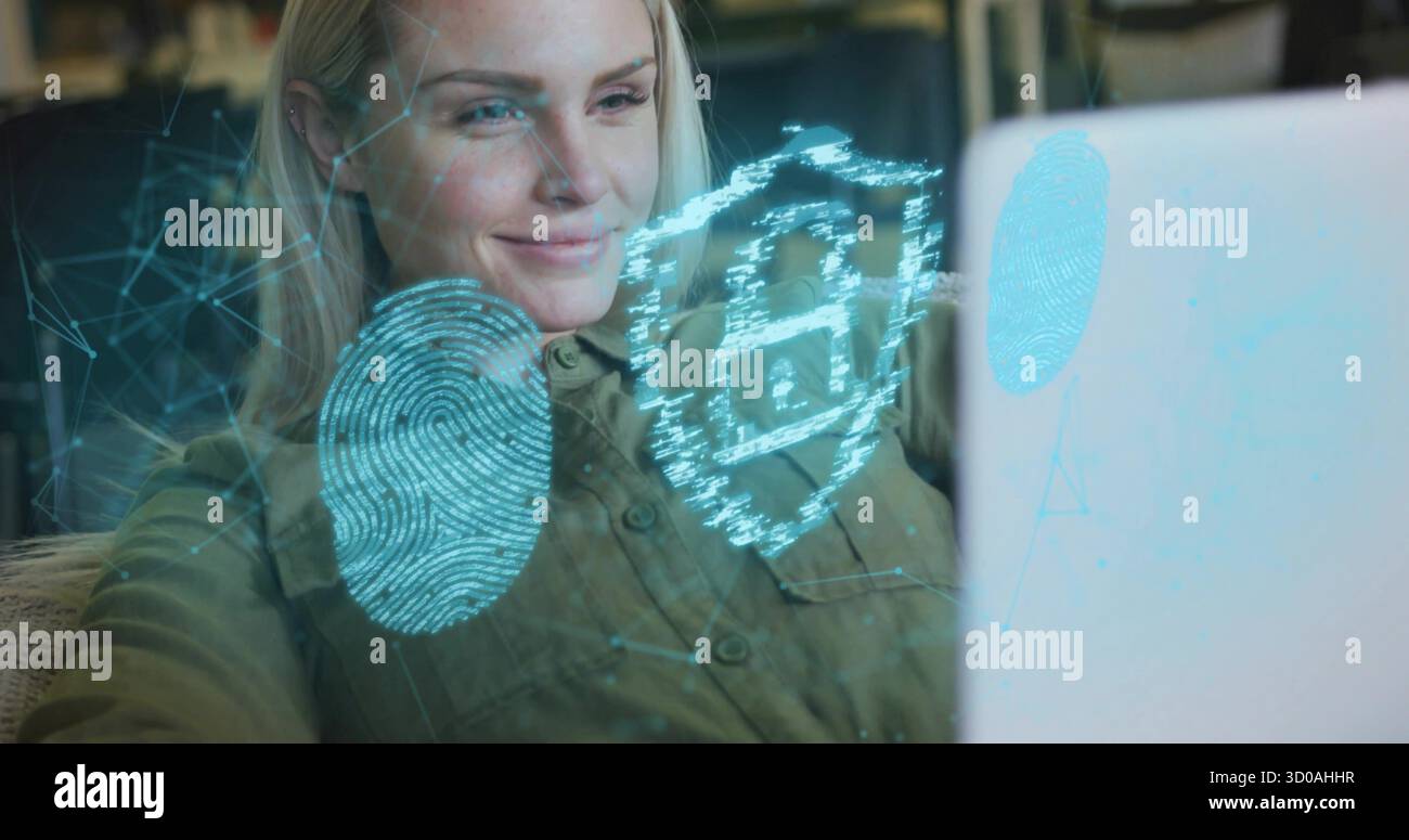 Professionelle Wiedergabe mit Fingerabdruck- und Vorhängeschloss-Hologrammen auf Laptop auf Heimsofa, Sicherheit. Technologie, digital, Sicherheit, Innovation, modern, tele Stockfoto