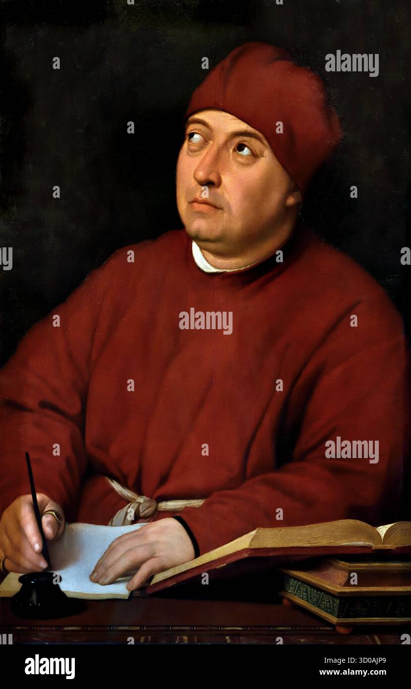 Ritratto di Tommaso Inghirami von Raffaello Santi von Raffaello Sanzio de Urbino, Rafael de Urbino, Raffael 1483 - 1520 - Ritratto di Tommaso Inghirami - 1510 - Galleria Palatina di Palazzo Pitti, Florenz Italien (Tommaso Inghirami, war ein Freund von Raphael, ein prälat Spitznamen Phaedra nach einem geschickten Ausstellung der lateinischen Dichtung Improvisation während einer Performance der Seneca Phaedra, worin er den Titel Rolle durchgeführt.) Stockfoto