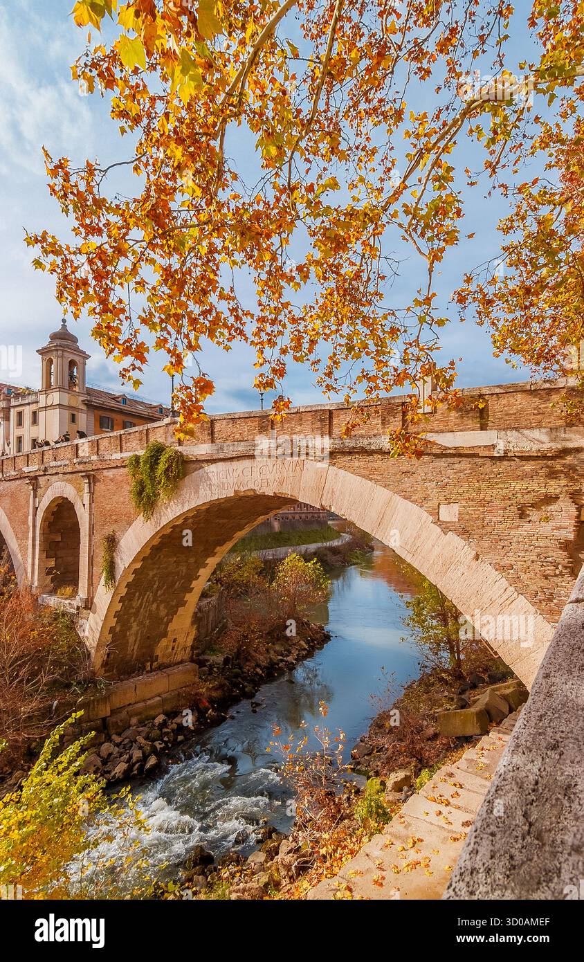 Herbst und Laub in Rom. Rote, orangene und gelbe Platanen auf der Tiber-Insel mit der alten römischen Brücke im historischen Zentrum der Stadt Stockfoto Herbst und Laub in Rom. Rote, orangene und gelbe Platanen auf der Tiber-Insel mit der alten römischen Brücke im historischen Zentrum der Stadt Stockfoto