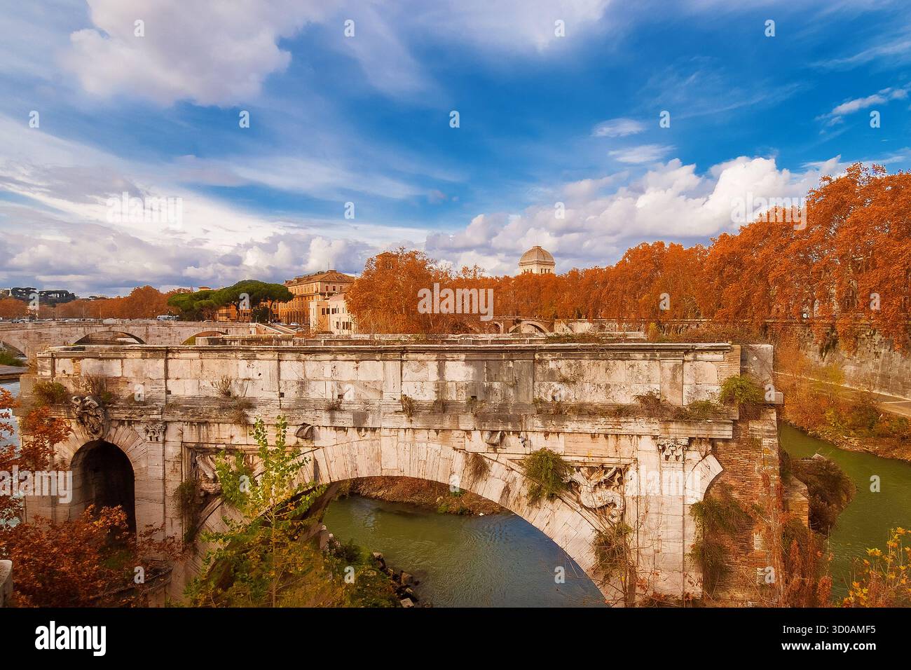 Herbst und Laub in Rom. Orangene und gelbe Platanen in der Nähe der Tiberinsel mit einer alten römischen Brücke im historischen Zentrum der Stadt Stockfoto Herbst und Laub in Rom. Orangene und gelbe Platanen in der Nähe der Tiberinsel mit einer alten römischen Brücke im historischen Zentrum der Stadt Stockfoto