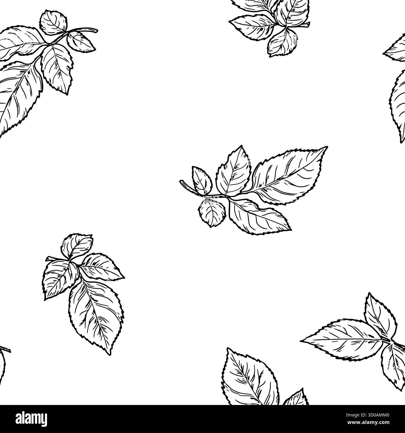 Zweige, Knospen und Blätter, schwarz-weiße Skizze. Vektorabbildung. Laub, nahtloses Muster, isoliert auf weißem Hintergrund. Für Postkarten, Einladung Stock Vektor