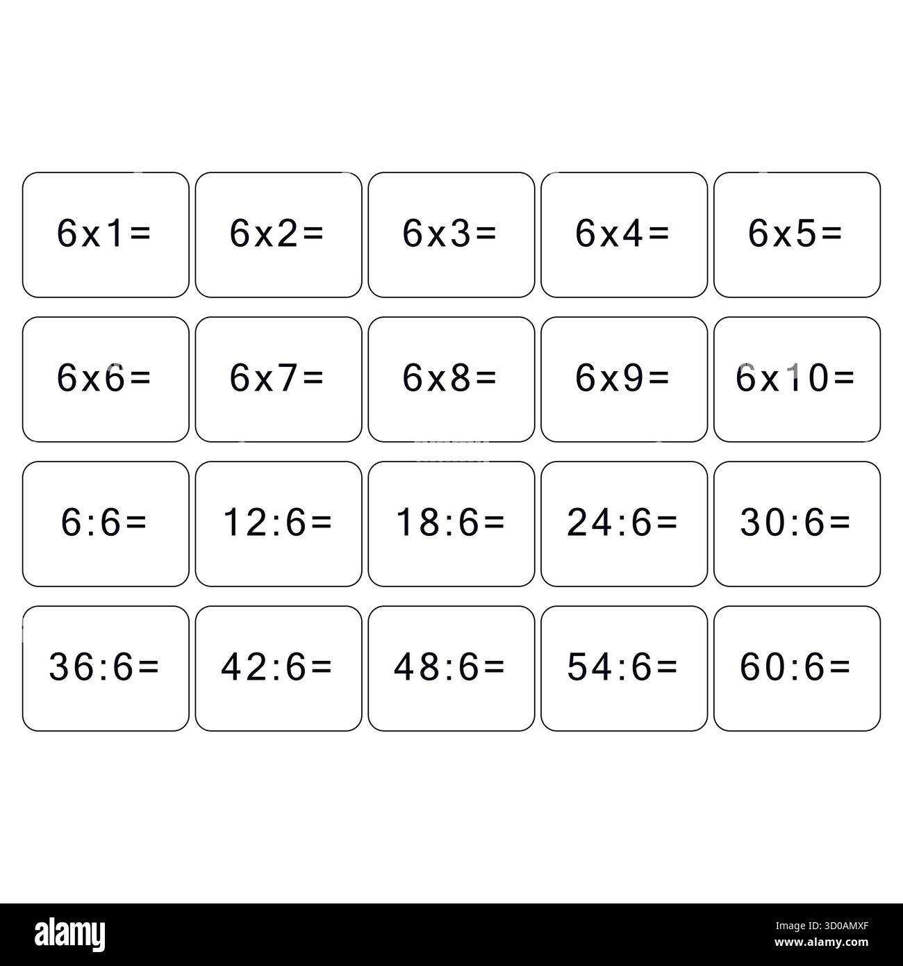 Multiplikations- und Divisionstabelle von 6. Mathematische Karte mit einem Beispiel, Zeichnung. Multiplikationsquadrat. Gedruckte Produkte, Banner, Tisch für Kinder Stock Vektor