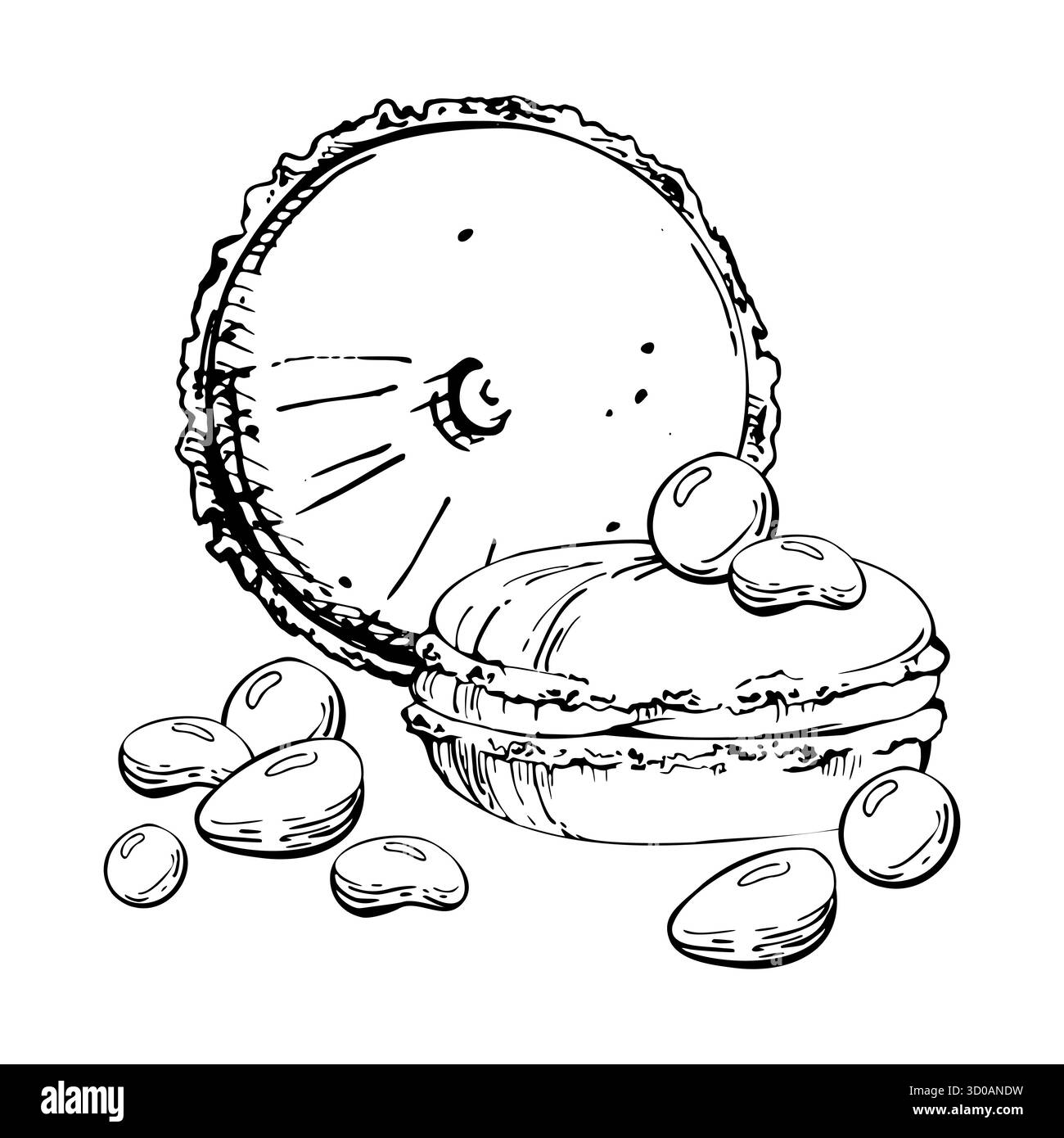 Whoopie-Kuchen, Sandwichkuchen und luftige Macarons mit süßen Bonbons. Isolierte handgezeichnete Vektortinte Illustration. Festliche Essensanhänger, Café-Dessert Stock Vektor