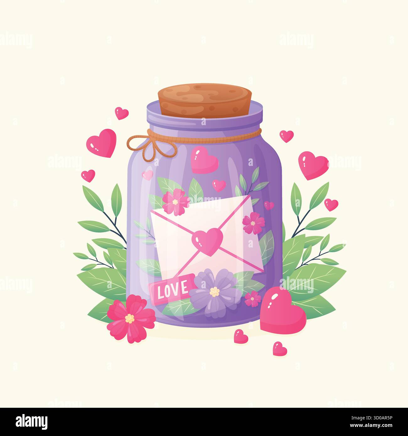 Liebesbuchstabe im kleinen Glas Vektor-Illustration isoliert auf weißem Hintergrund. Stock Vektor