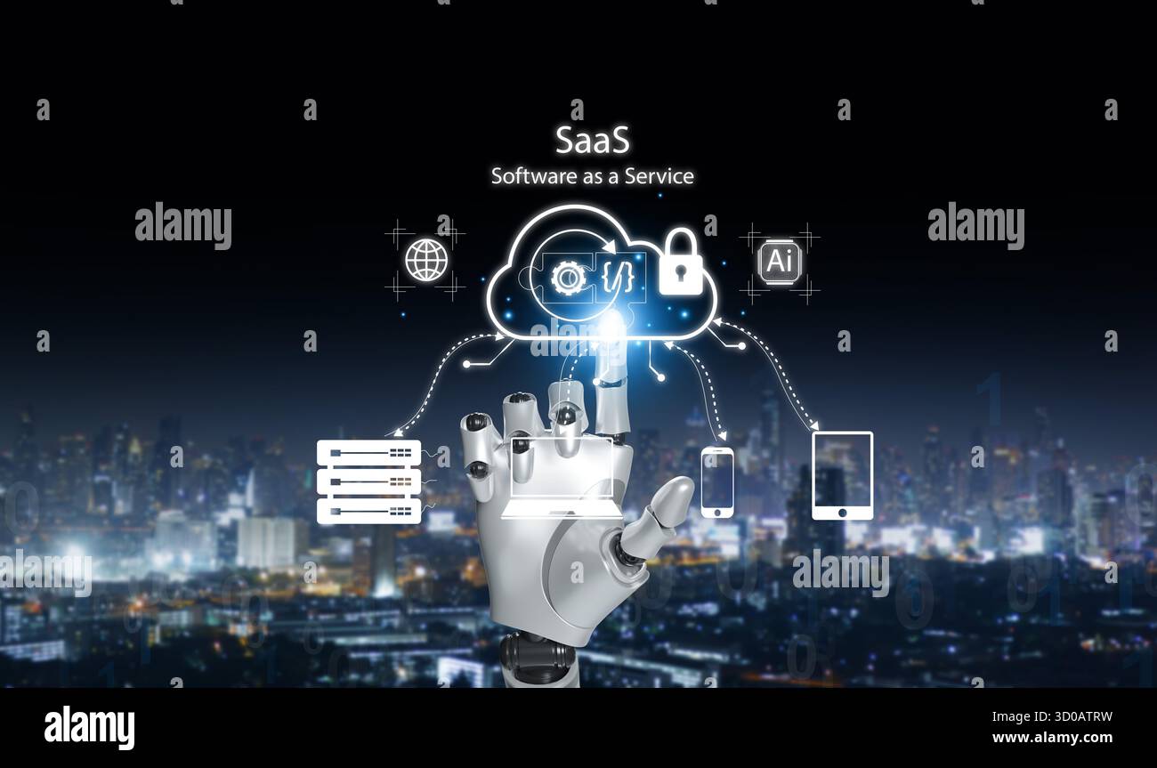 Roboter mit künstlicher Intelligenz, der mit SaaS, Software as a Service, Cloud-Computing-System interagiert und Automatisierung, Cybersicherheit und Next-ge symbolisiert Stockfoto