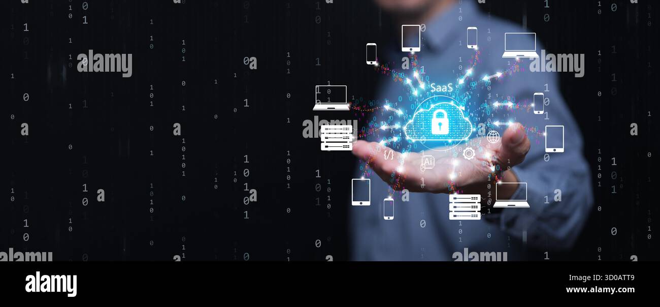 Smart Hand präsentiert SaaS, Software as a Service, Cloud-Netzwerk mit KI-, Verschlüsselung- und Datenspeichersymbolen, die die digitale Transformation und darstellen Stockfoto
