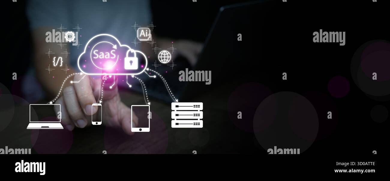 SaaS-Technologiekonzept, das Software as a Service Cloud Service mit KI, Datenspeicherung und Cybersicherheit für Online-Unternehmen und intelligente Unternehmen zeigt Stockfoto