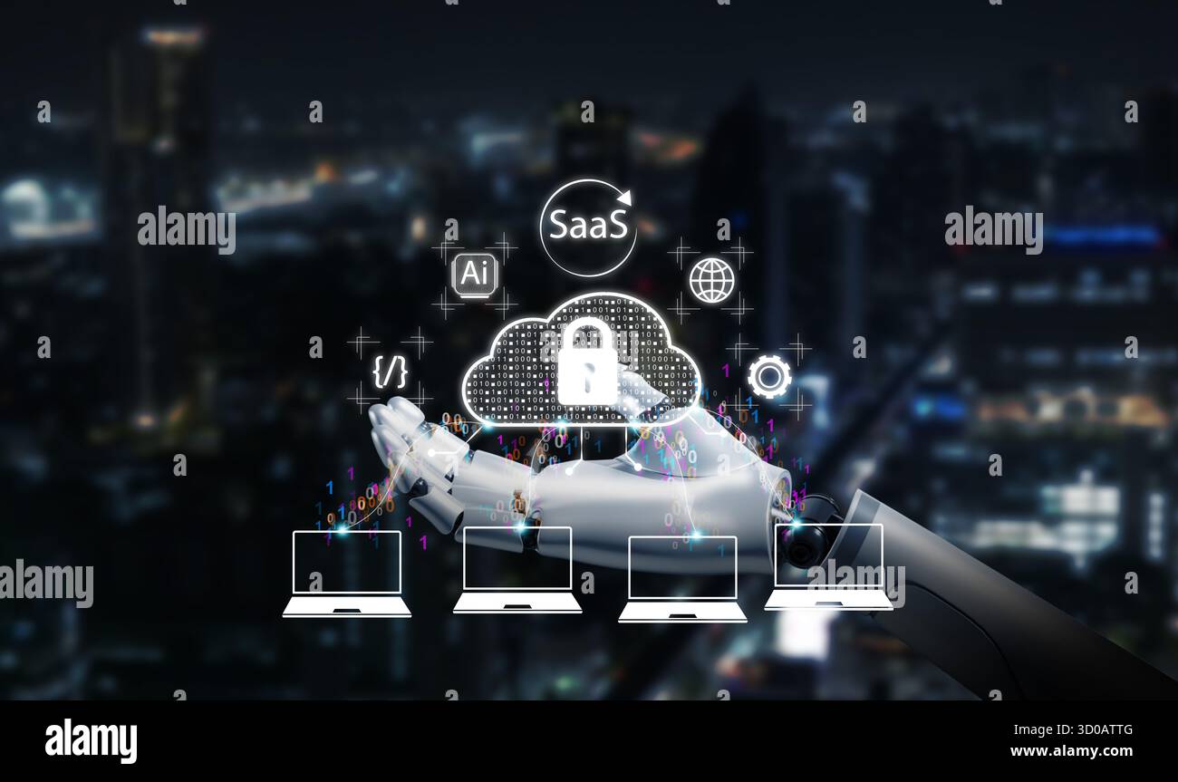Roboter mit künstlicher Intelligenz, der SaaS, Software as a Service, Cloud Computing und Cybersicherheitskonzept mit Datenverschlüsselung für die Zukunft präsentiert Stockfoto