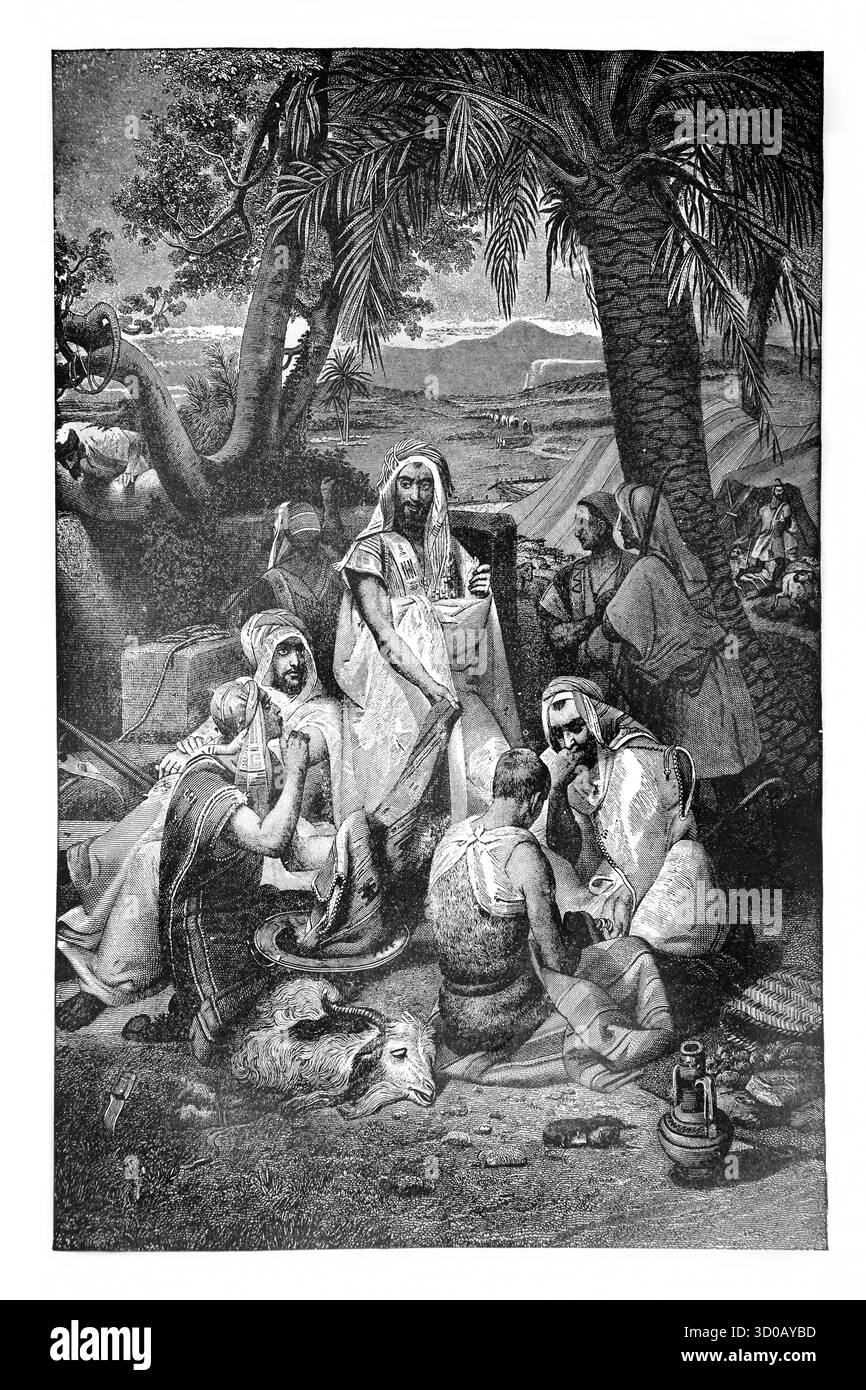 Nachdem Joseph in die Grube gegossen und dann als Sklave verkauft wurde, nahmen die Brüder den mehrfarbigen Mantel und färbten ihn mit dem Blut von Stockfoto