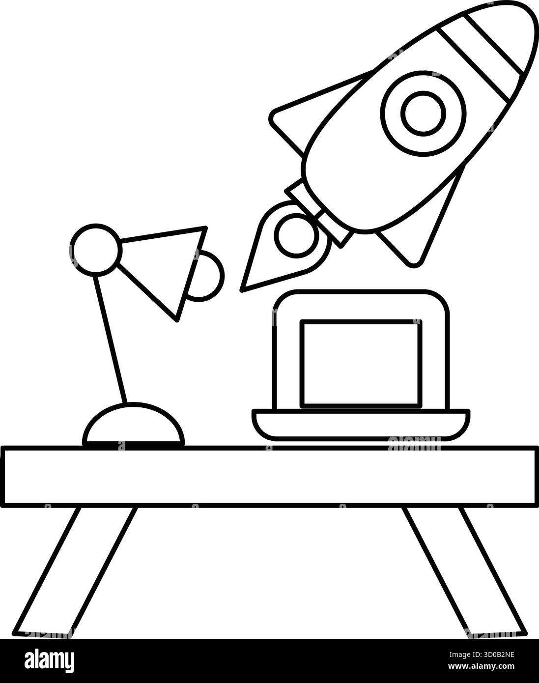 Eine Rakete fliegt über einem Schreibtisch mit Laptop und Lampe durch die Luft. Die Rakete ist der Hauptfokus des Bildes und vermittelt ein Gefühl der Erregung Stock Vektor
