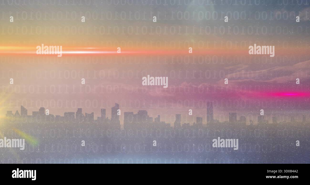 Die Silhouette der Skyline der Stadt leuchtet auf dem Dach mit Doppelüberzug, Sonnenlicht und Linsenfackeln Stockfoto