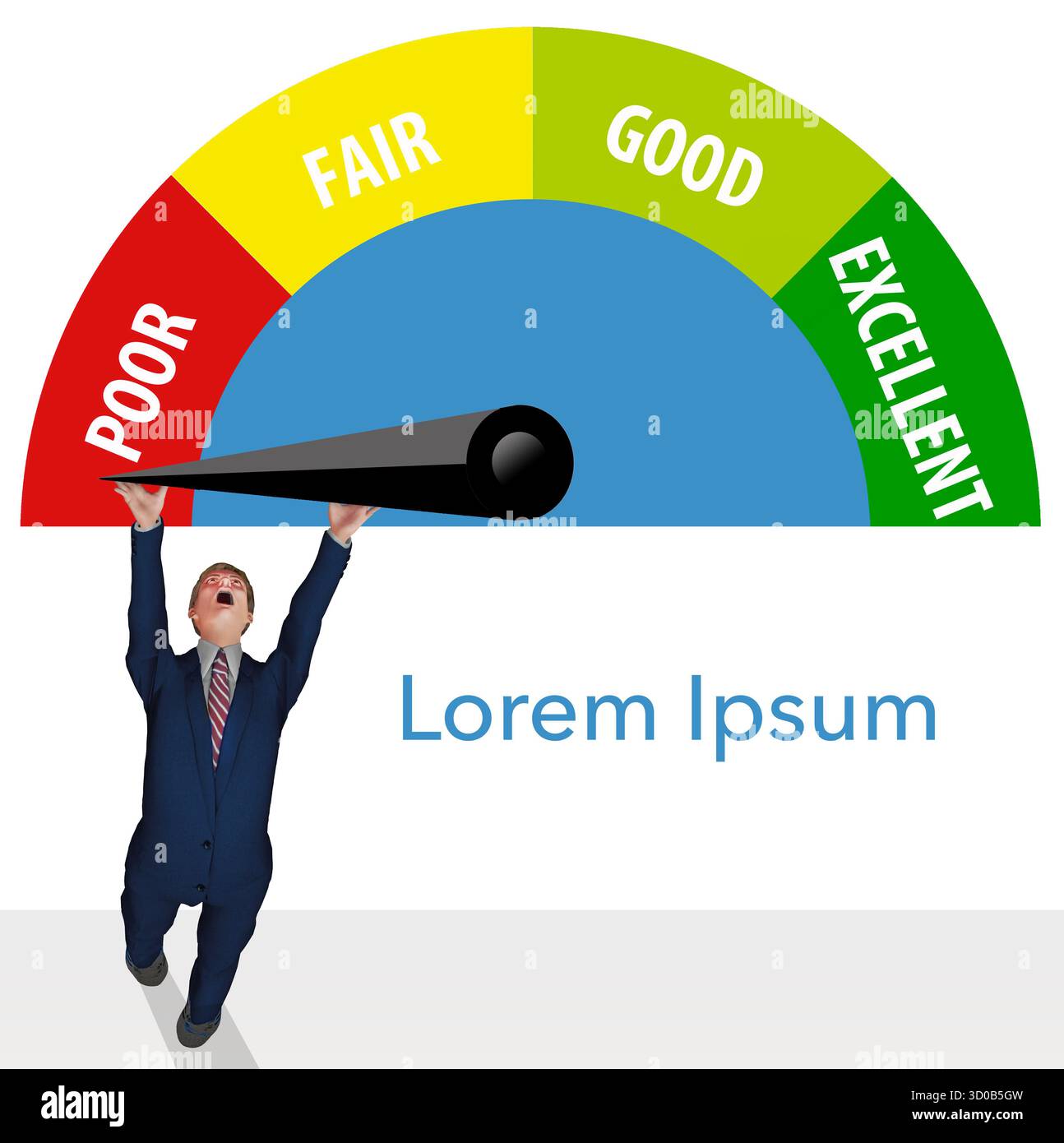 Ein Mann versucht, die Nadel auf einem Bonitätsmessgerät in einer 3D-Abbildung zu bewegen. Stockfoto