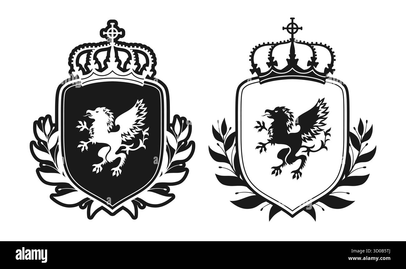 Wappen mit edlem greifenadler, Lorbeerkranz, Schildkrone. Heraldisches Wappen mittelalterliche Embleme Logo Fantasy Kingdom. Wappen Vintage Vektor Grafik Design monochrome schwarz weiß Illustration Stock Vektor