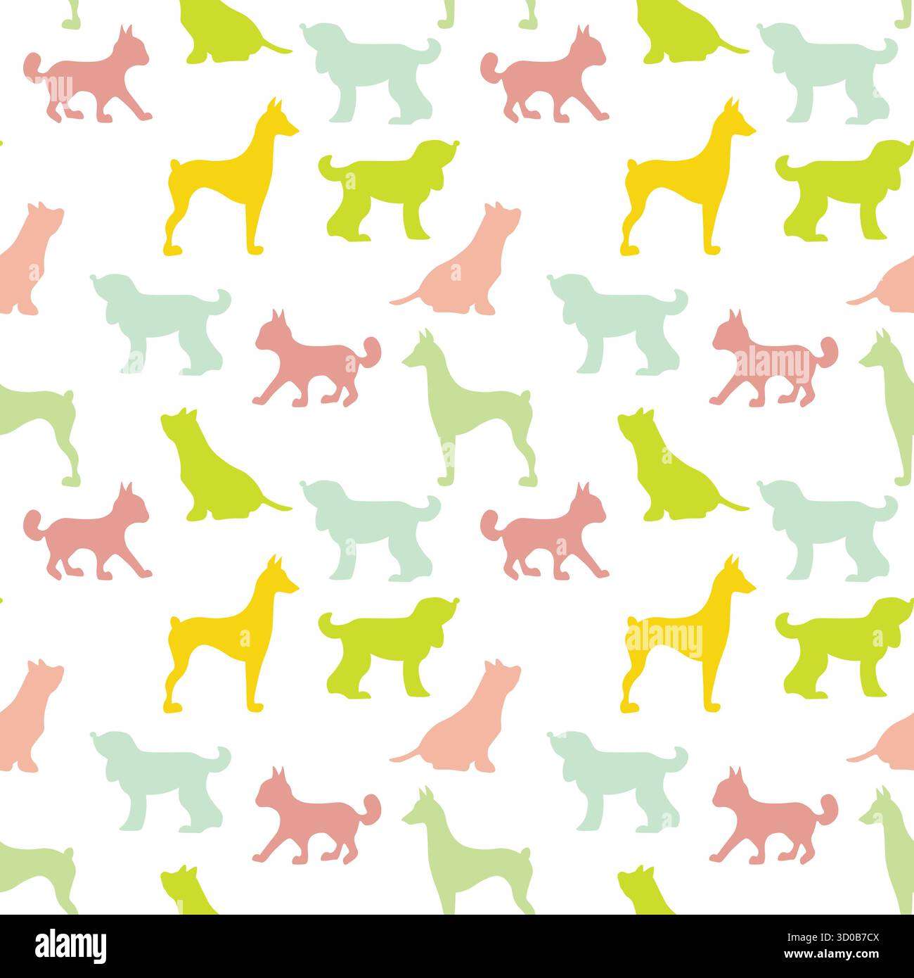 Vektor nahtlos wiederkehrendes kindliches Muster mit niedlichen Hunden, Katzen im skandinavischen Stil. Tiere Hintergrund mit Hund, Katze, Haustiere, Welpen für Einladung Stock Vektor