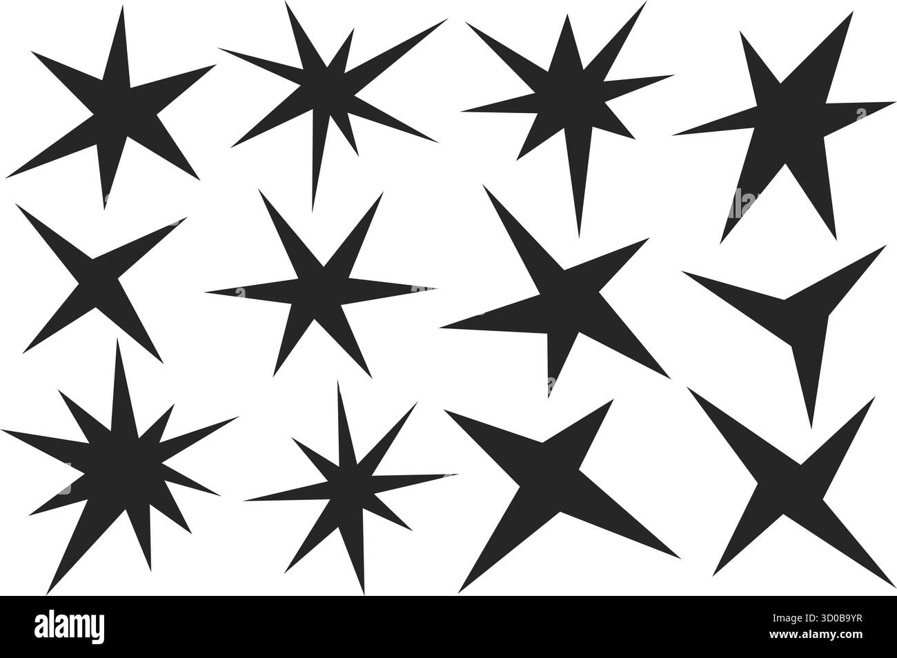 Unregelmäßige Sternformen. Abstrakter Vektor zufällige stachelige Funken. Geometrische Funky blitzt mit Strahlen. Schwarzes Retro funkelt auf weißem Hintergrund Stock Vektor